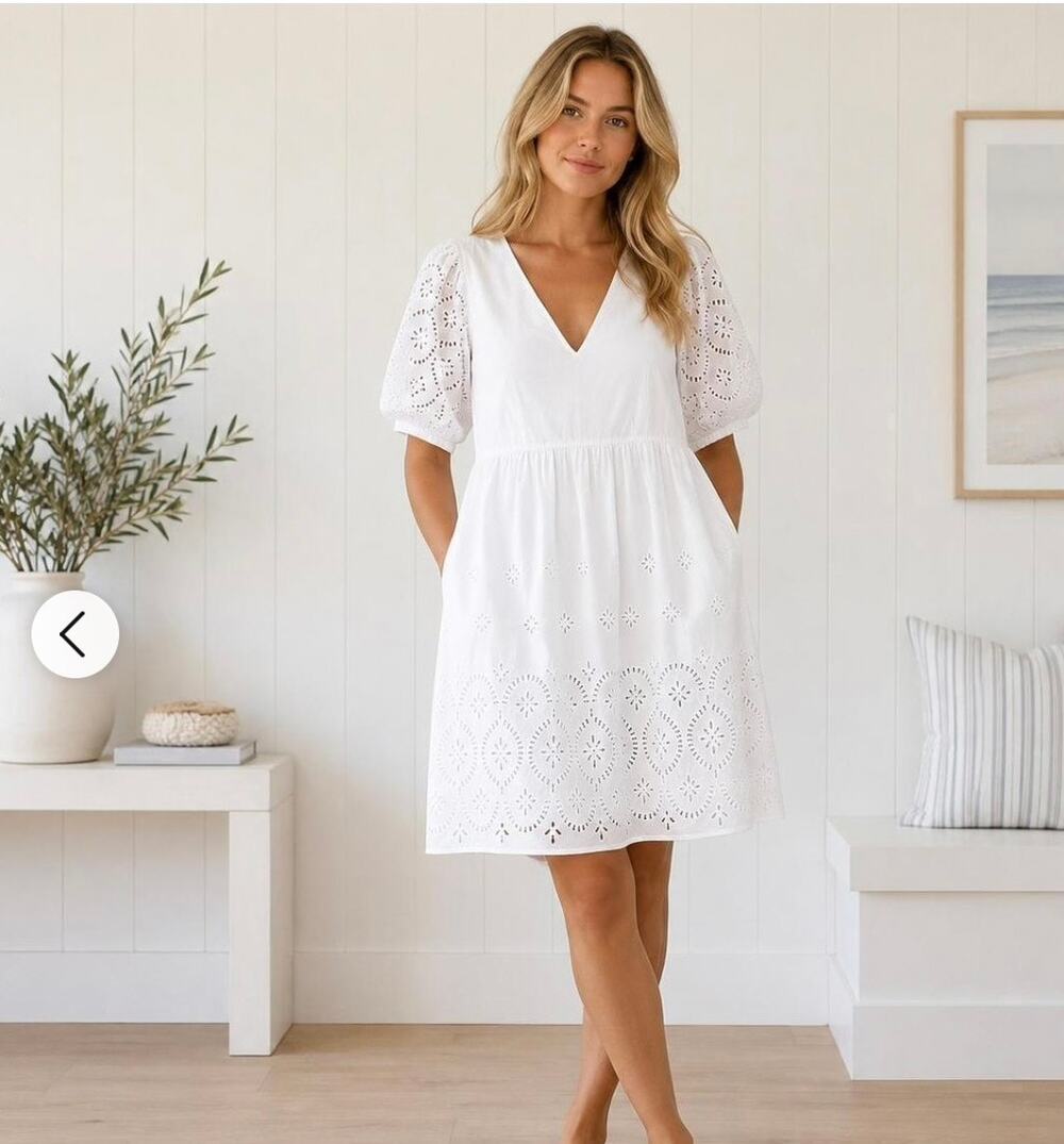 Old Navy White Eyelet Dress White Mini Cotton Puff Sleeve Cottage Classic Size L